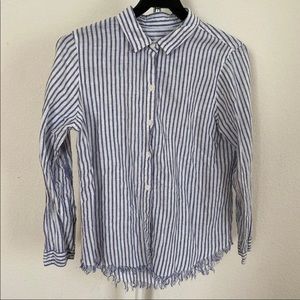 Women's Button Down Fringe Shirt, Linen Blue White Striped long Sleeve  Shirt